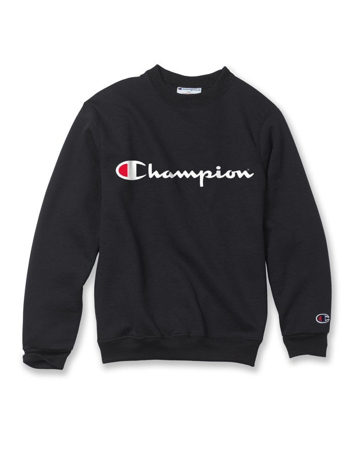 Champion Drenge Sweatshirt Sort - Double Dry Script Logo - Danmark TWY-693105